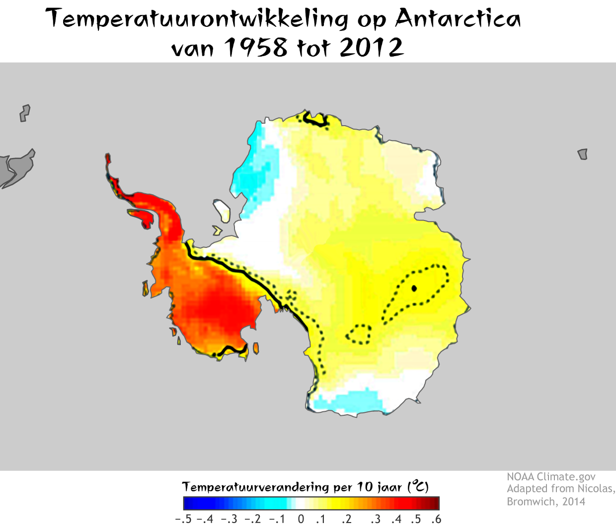 Kaart Zuidpool temperatuurverandering 1958-2012