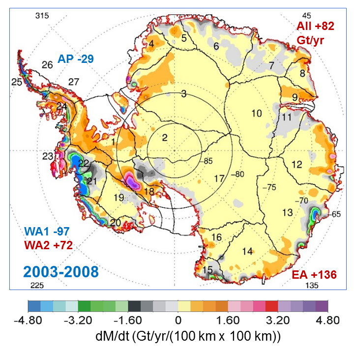 Kaart Zuidpool toename ijs 2003-2008