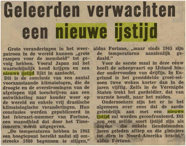 Krantenbericht in het Nieuwsblad van het Noorden 28 januari 1974 over nieuwe ijstijd