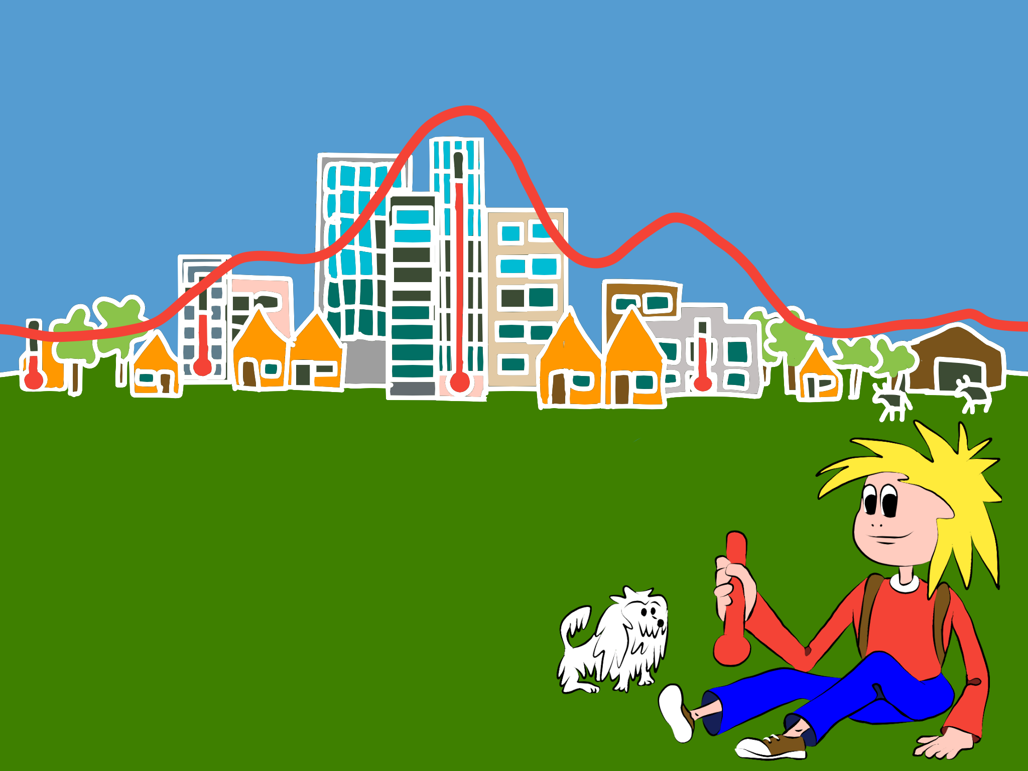 tekening Ko Klimaat meet de temperatuur in de stad