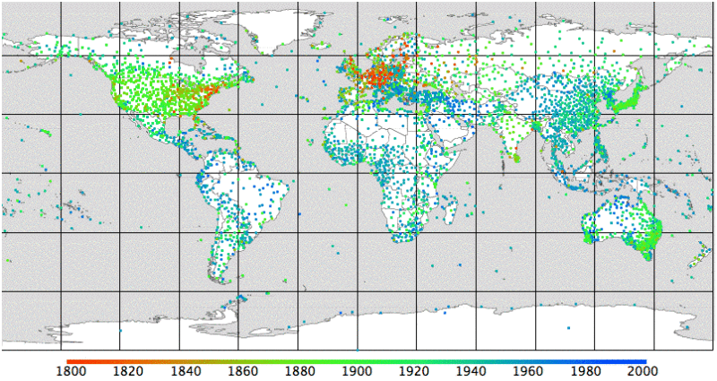 kaart historie weerstations wereld